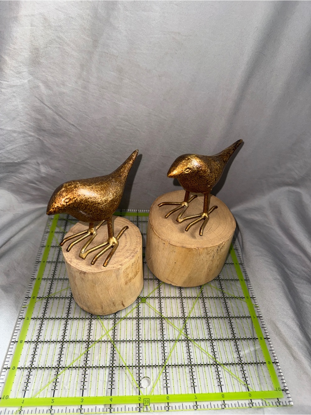 Source Unknown Gold Bird Sculptures on Natural Wood Stands